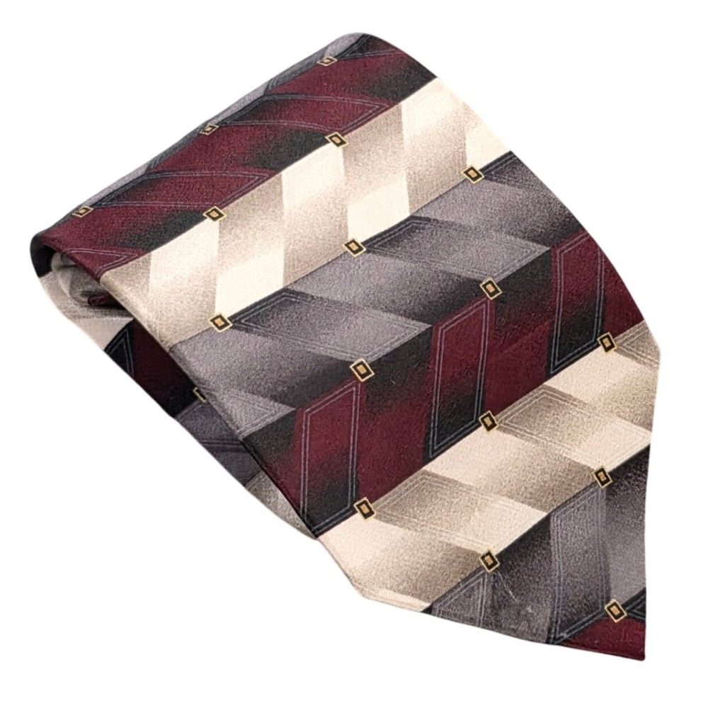 Croft & Barrow Silk Necktie Men's Burgundy Cream Grey‎ Geometric Chevron Patern